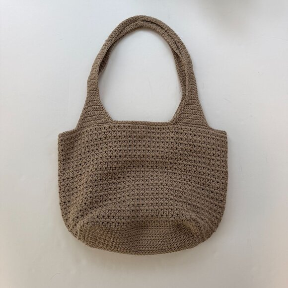 The SAC Beige Crochet Tote Shoulder Bag Pink Flower Accent - Picture 5 of 8